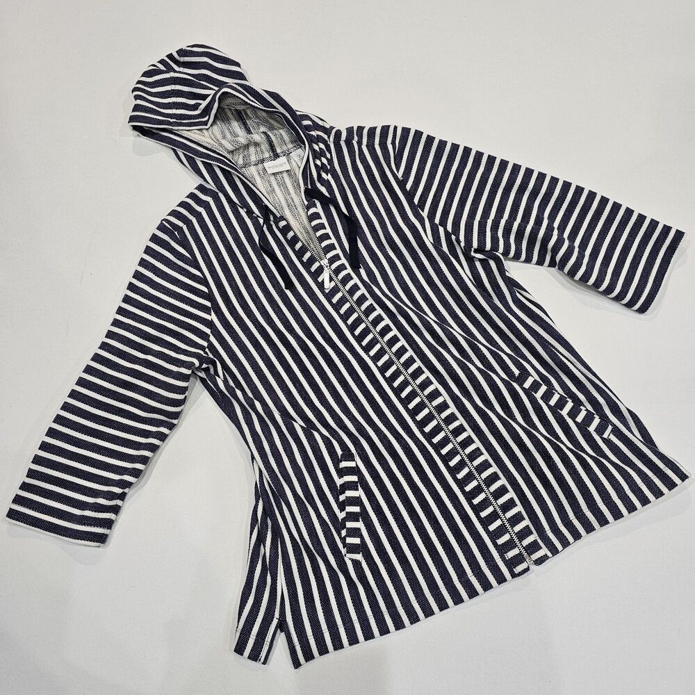 Weekends by Chicos Navy White Striped Full Zip Hoodie Coastal Knit Size 2 Beach